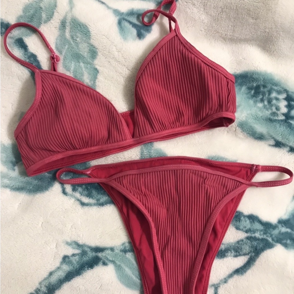 PACSUN LA hearts ribbed bikini set pink